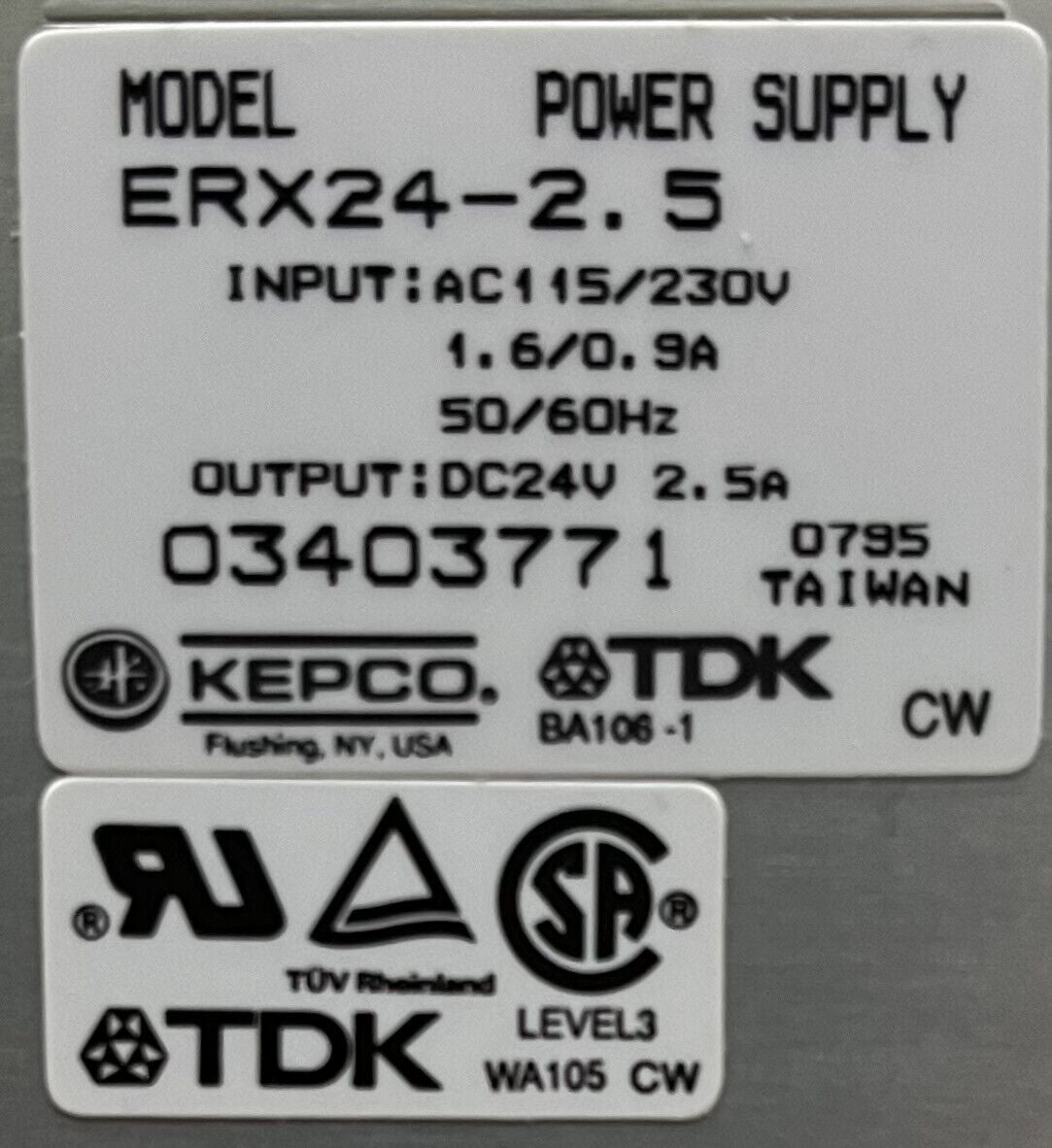 TDK KEPCO POWER SUPPLY ERX24-2.5 INPUT:AC115/230V,1.6/0.9A,50/60HZ OUTPUT:DC24