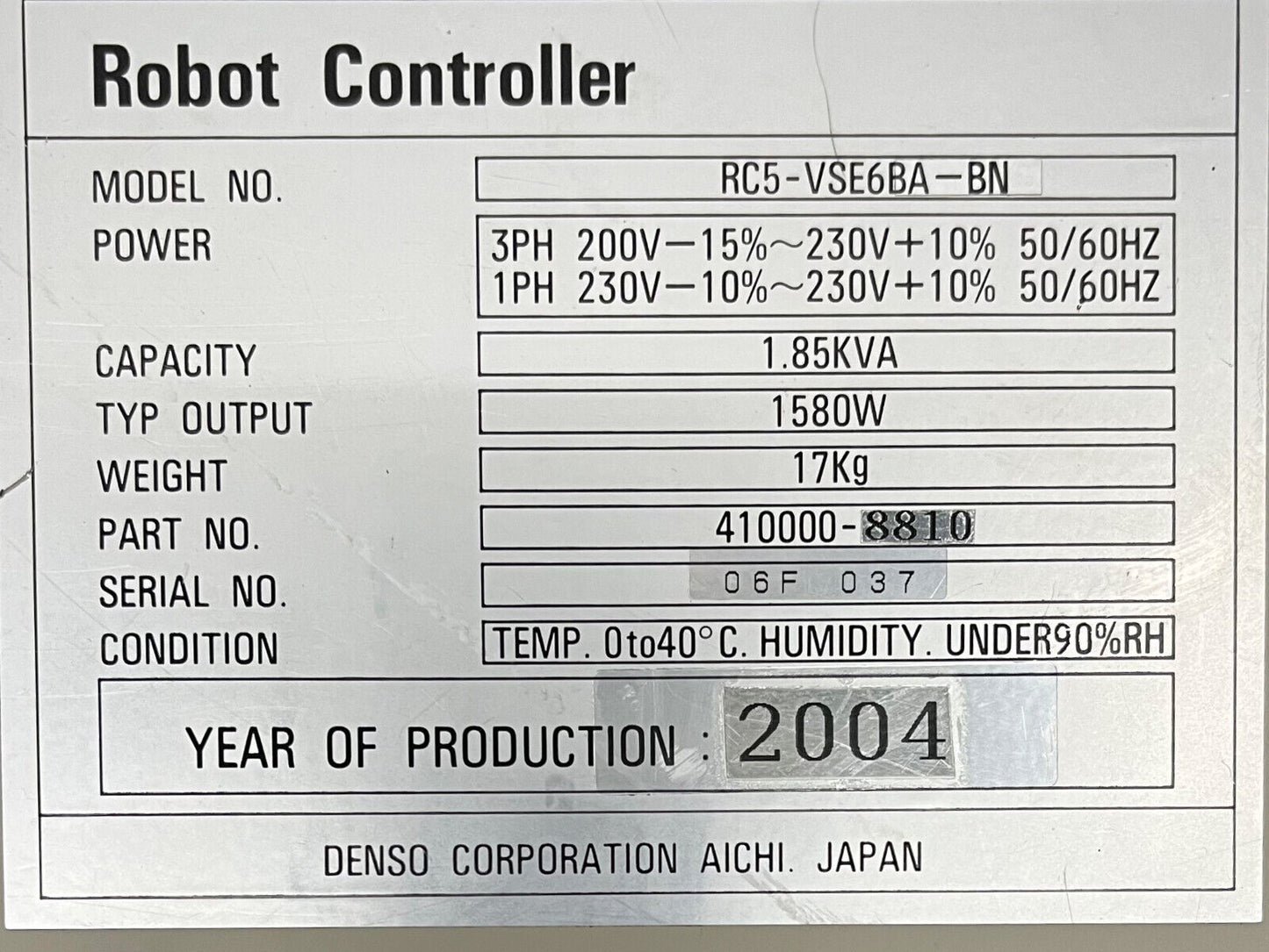 DENSO ROBOT CONTROLLER RC5-VSE6BA-BN / 410000-8810 NO POWER SUPPLY  PARTS/REPAIR