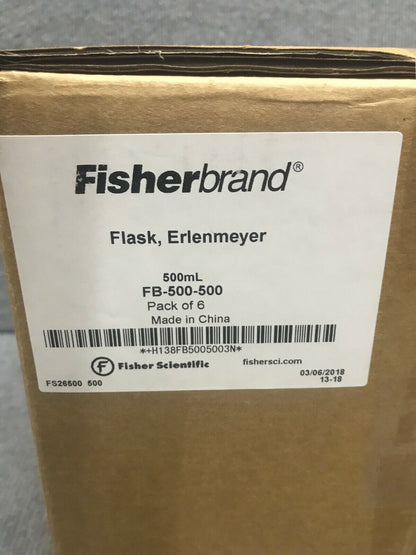 1 BOX CONTAINING 6 FLASKS - FISHER SCIENTIFIC FB-500-500 FLASK ERLENMEYER