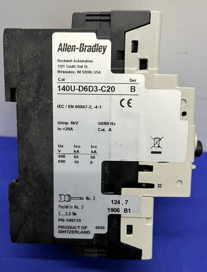 Allen Bradley AB CIRCUIT BREAKER MOTOR PROTECTOR 140U-D6D3 / 140U-D6D3-C20 SER B