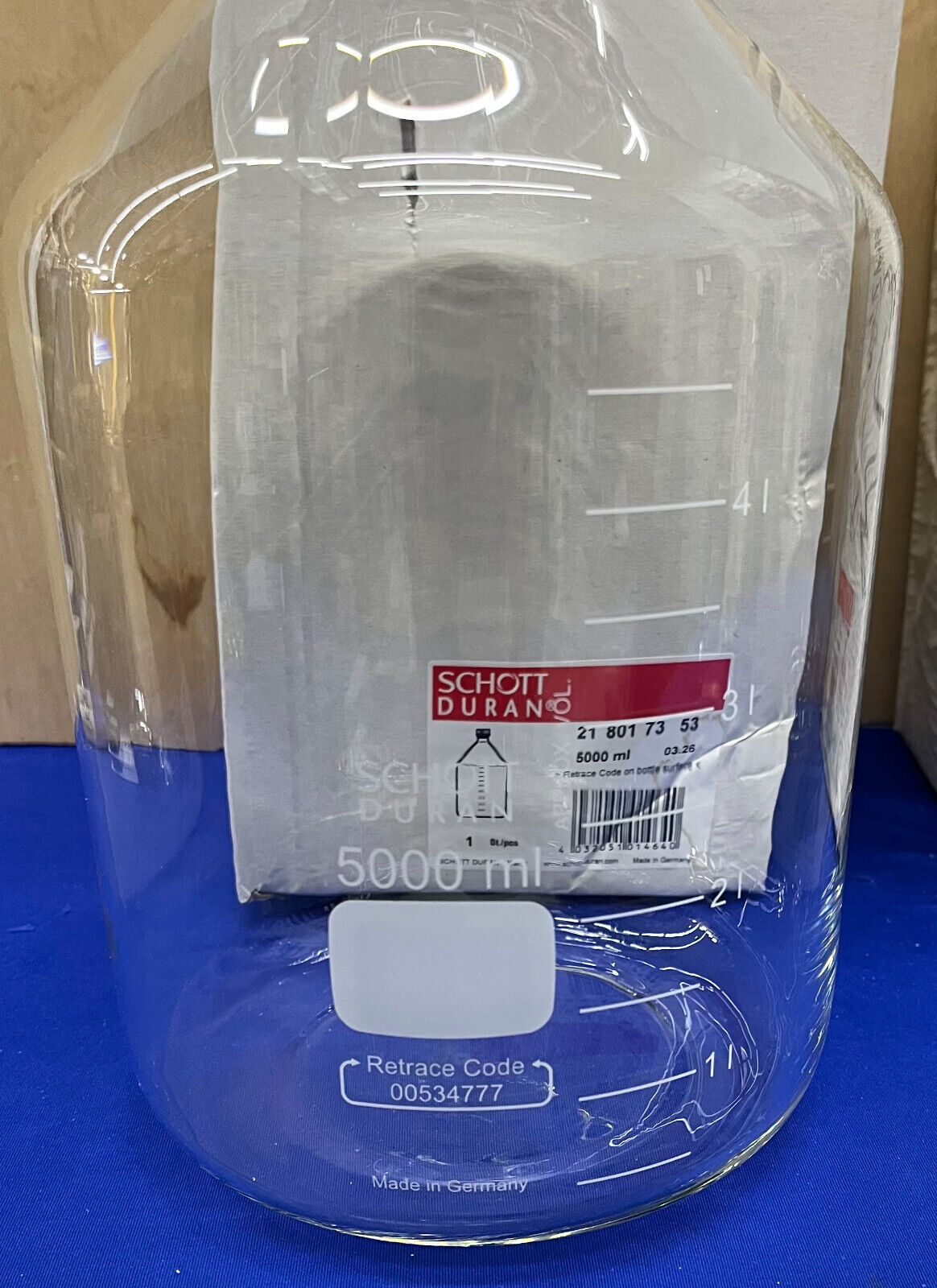 SCHOTT DURAN ®  GLASS 5000 mL ROUND LAB CHEMISTRY BOTTLE W/ CAP - 1 LOT QTY 2