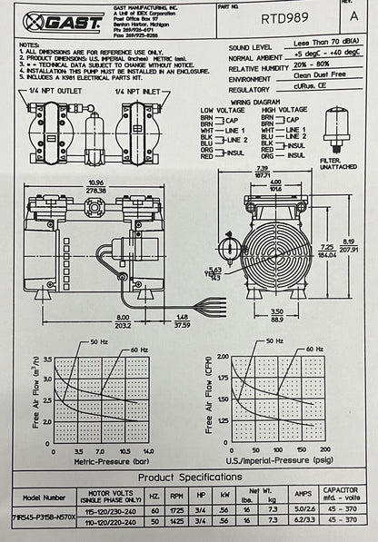 GAST 71R OIL-LESS COMPRESSOR / VACUUM PUMP 71R545-P315B-N570X HP 3/4