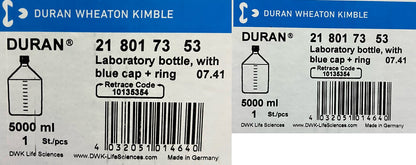 DURAN ®  DWK 218017353 LABORATORY BOTTLE 5000mL GL45 SCREW CAP - 1 LOT QTY 2