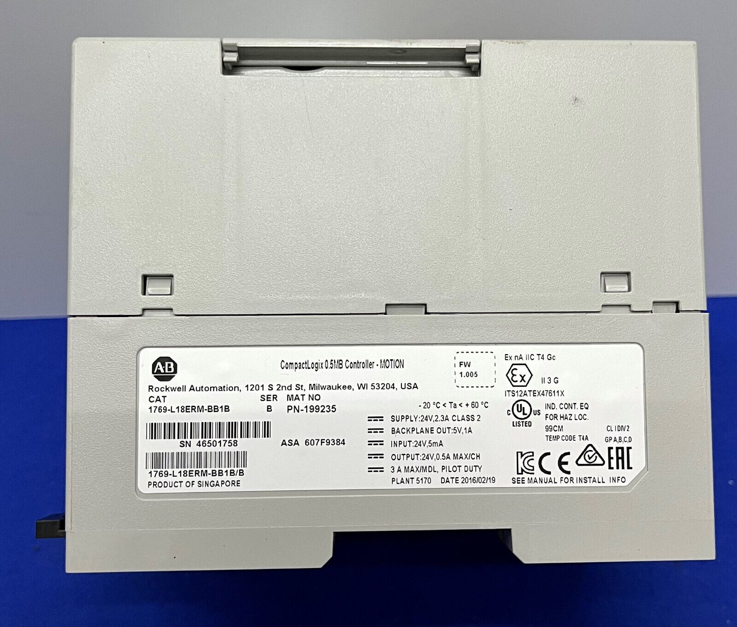 CONTROLADOR ALLEN BRADLEY COMPACTLOGIC DE 0,5 MB 1769-L18ERM-BB1B SERIE B