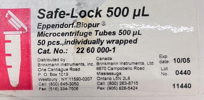 EPPENDORF MODEL 2260000-1,SN 0540224A, MICRO-CENTRIFUGE TUBES .5ML, 50 PCS