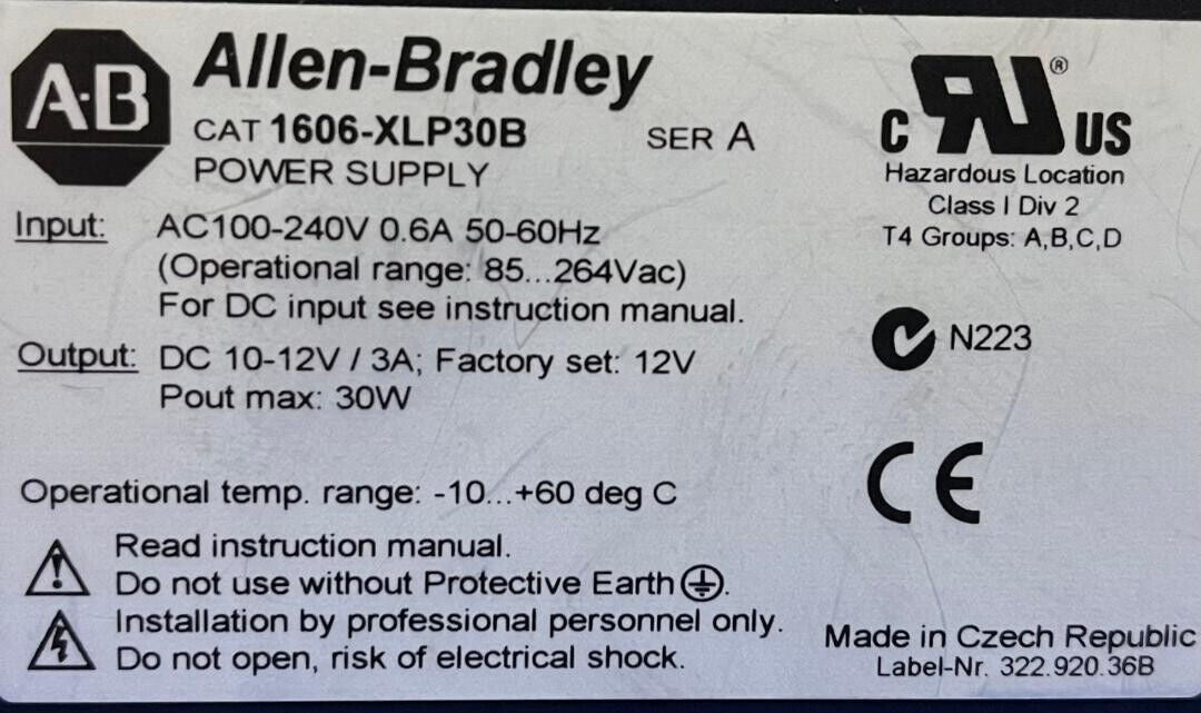 ALLEN BRADLEY POWER SUPPLY 1606-XLP 1606-XLP30B AC 100-240 DC 10-12