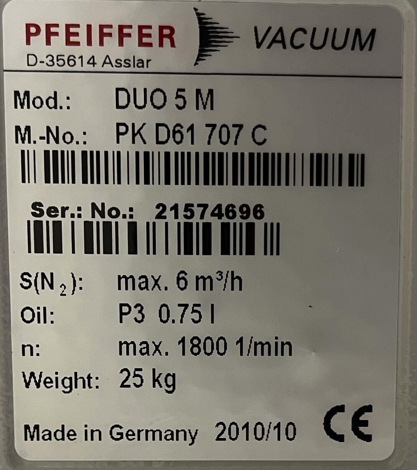 PFEIFFER VACUUM D-35614 ASSLAR / DUO 5 M / DUO5M /  C ROTARY VANE VACUUM PUMP