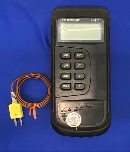 OMEGA HH11 THERMOCOUPLE METER DIGITAL W/ TYPE K PROBE CH+ AL- CABLE