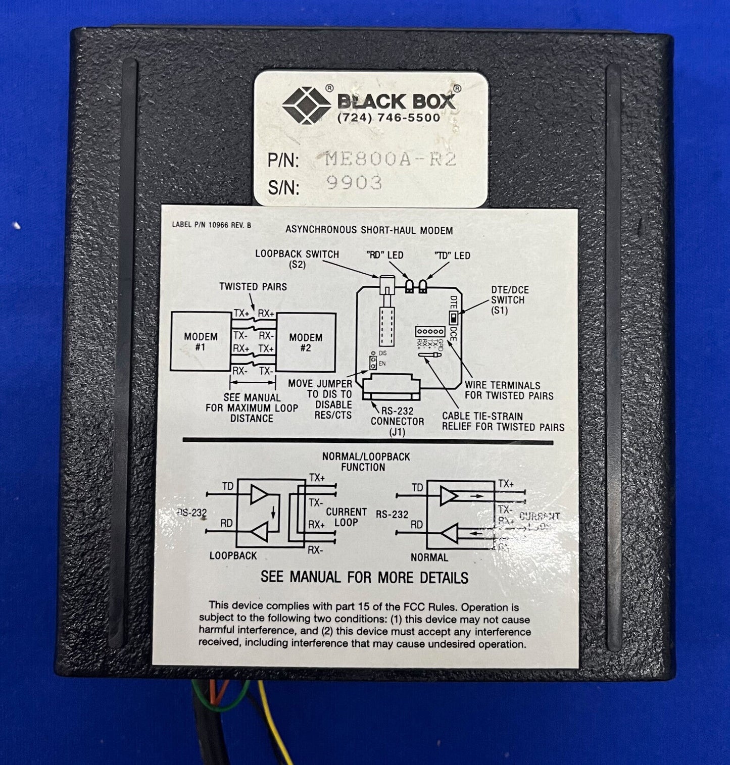 BLACK BOX ME800A-R2 ASYNC-KURZSTRECKENMODEM mit NETZTEIL UND KABEL 