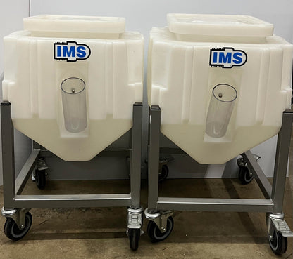 IMS PORTABLE RESIN BINS #137951 2.3 CU FT STACKABLE W/ LID & WHEELS  1 LOT QTY 2