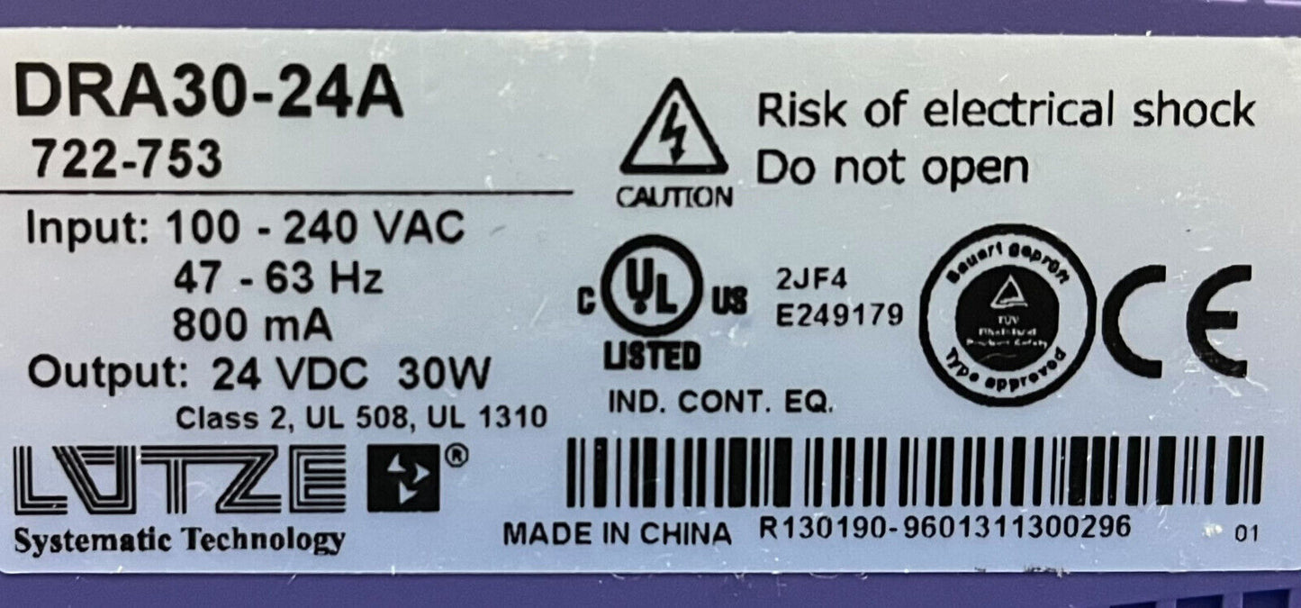 LUTZE / Luetze POWER SUPPLY DRA30-24A / 722-753 24VDC 30W - 1 LOT QTY OF 2