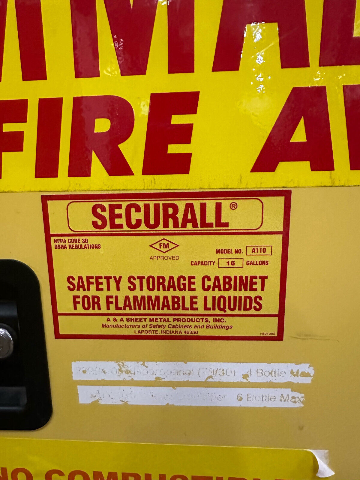 SECURALL A110 16 GALLON FLAMMABLE CABINET HAS LOCK AND KEY