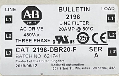 Allen Bradley AB AC DRIVE 2198 / 2198-DBR20-F Ser A LINE FILTER