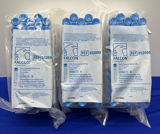 FALCON 352099 15mL CENTRIFUGE TUBE - 1 LOT QTY 3 PKGS/EACH PKG HAS QTY 50 TUBES