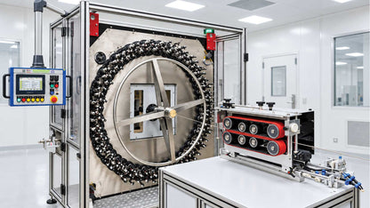 A large industrial 96 carrier horizontal braiding machine with a circular metal sample chamber and attached control console, shown in a clean white laboratory setting.