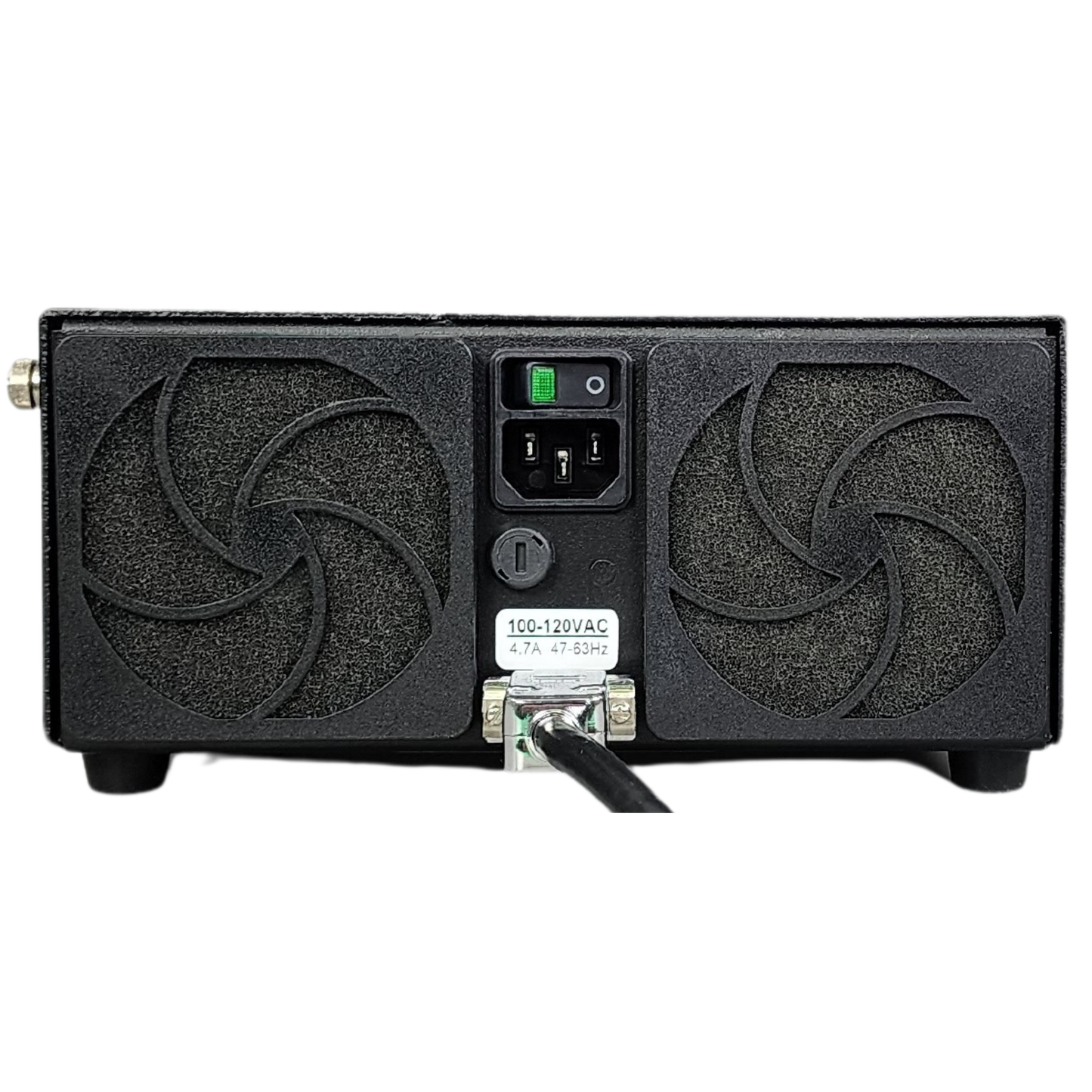 Black electronic device with fans and control panel on a white background