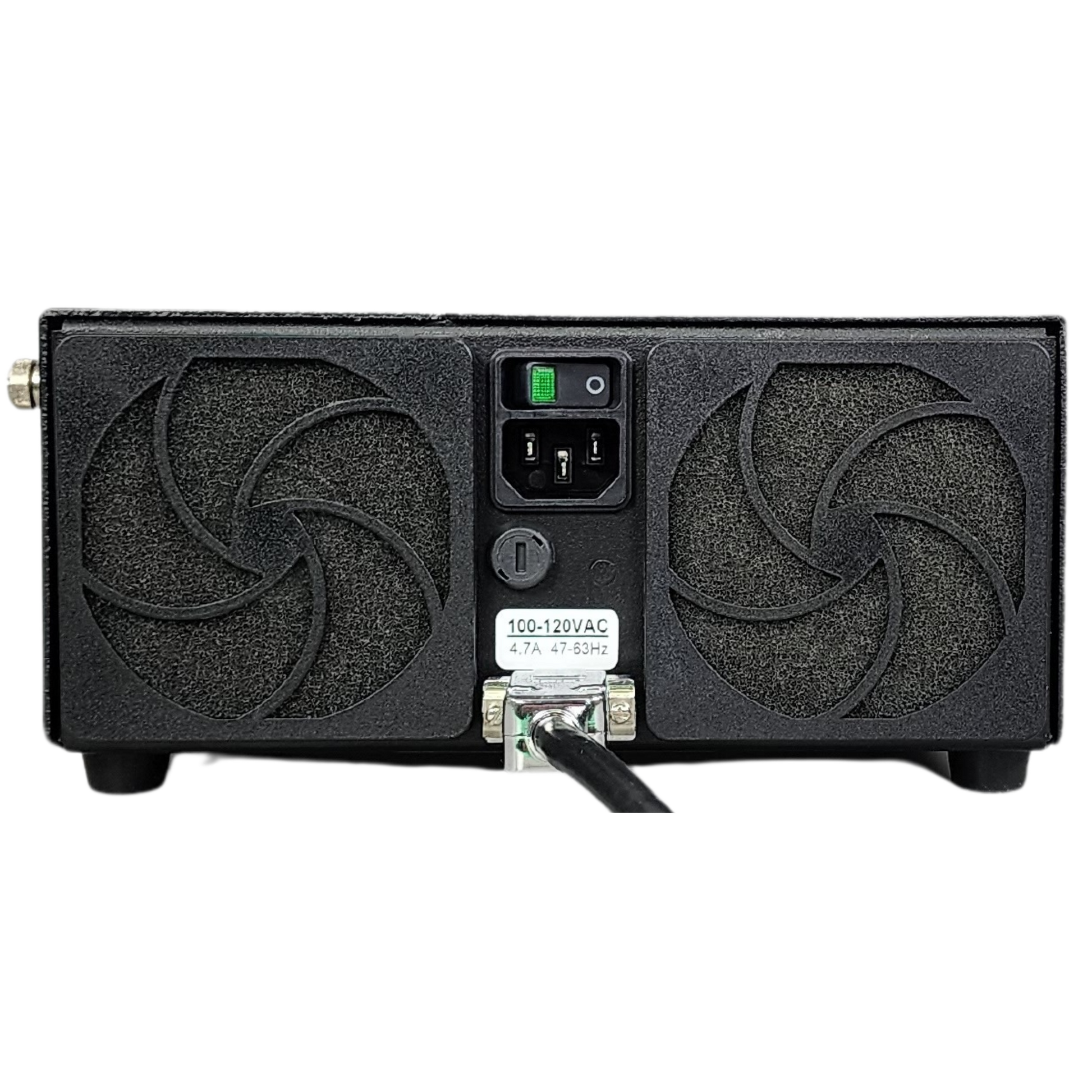 Black electronic device with fans and control panel on a white background