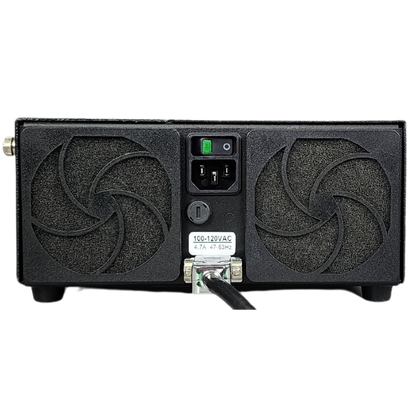 Black electronic device with fans and control panel on a white background