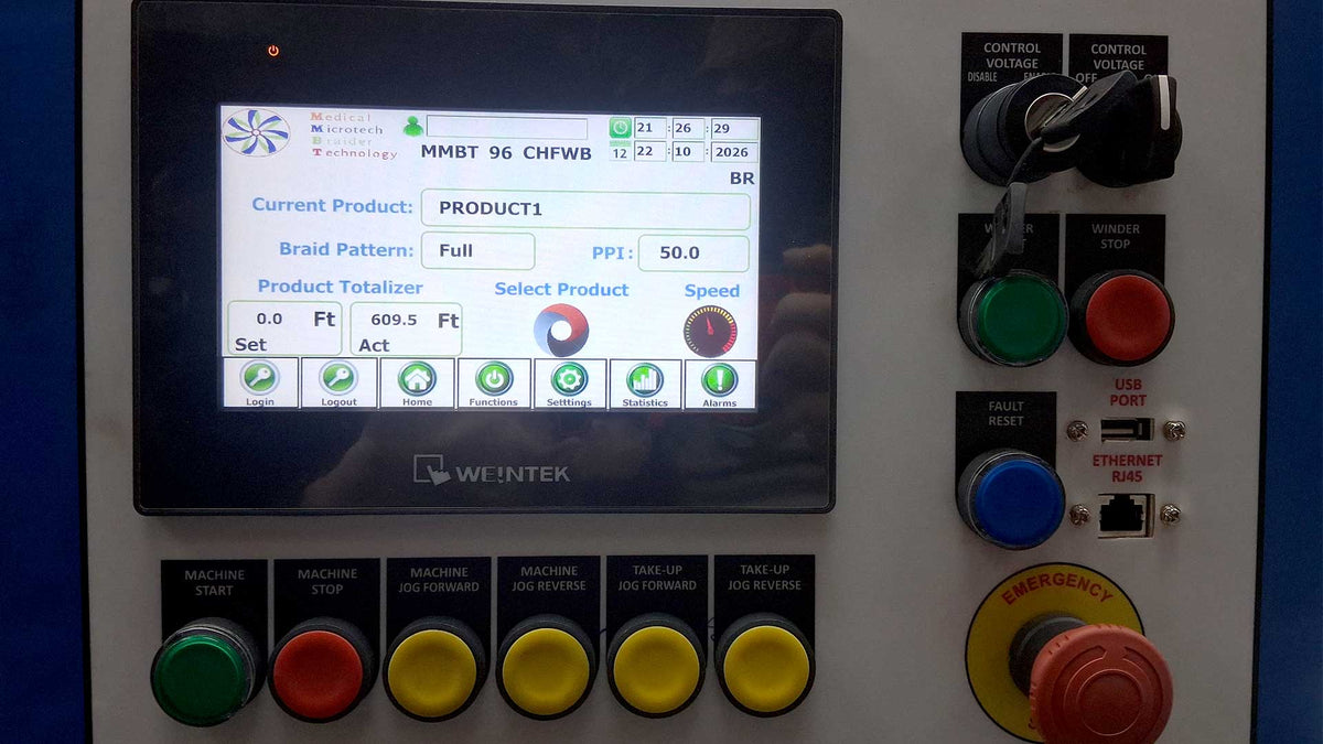 A close-up of a industrial CNC control panel featuring a central touch screen with a WEINER logo, surrounded by various colored buttons (green, red, yellow, blue) and a rotary switch on a gray panel.