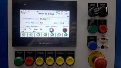 A close-up of a industrial CNC control panel featuring a central touch screen with a WEINER logo, surrounded by various colored buttons (green, red, yellow, blue) and a rotary switch on a gray panel.