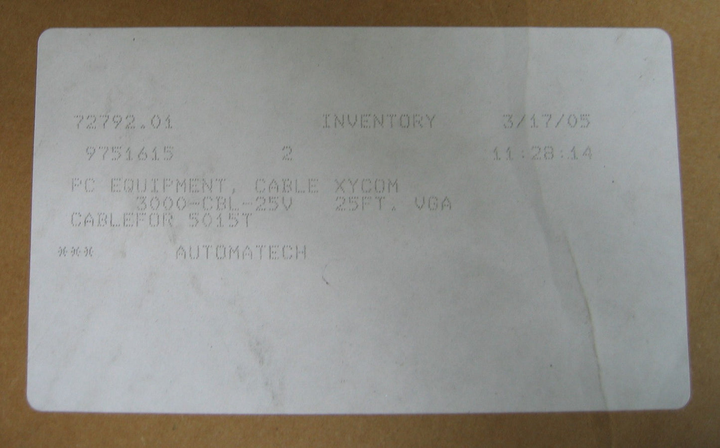 XYCOM AUTOMATION DESC: 3000-CBL-25V,P/N 141130.025,25' (7.5M) VIDEO CABLE