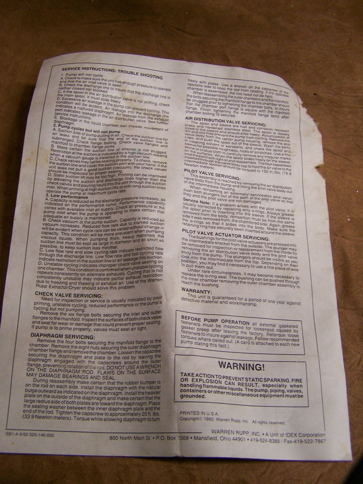 WARREN RUPP SANDPIPER AIR POWERED DOUBLE DIAPHRAGM PUMP MODEL SB1-4 TYPE SB 4-4