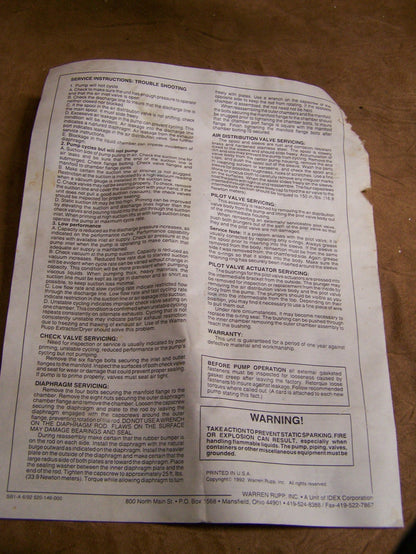 WARREN RUPP SANDPIPER AIR POWERED DOUBLE DIAPHRAGM PUMP MODEL SB1-4 TYPE SB 4-4