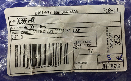 QTY 5 - DIGI-KEY AE9861-ND AK733-1.8-R CABLE CONNECTION IEEE1284 1.8M