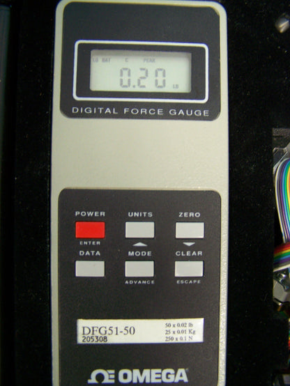 OMEGA DFG51 DIGITAL FORCE GAGE W/CASE 50LB RANGE RS232 ANALOG (NO POWER CORD)
