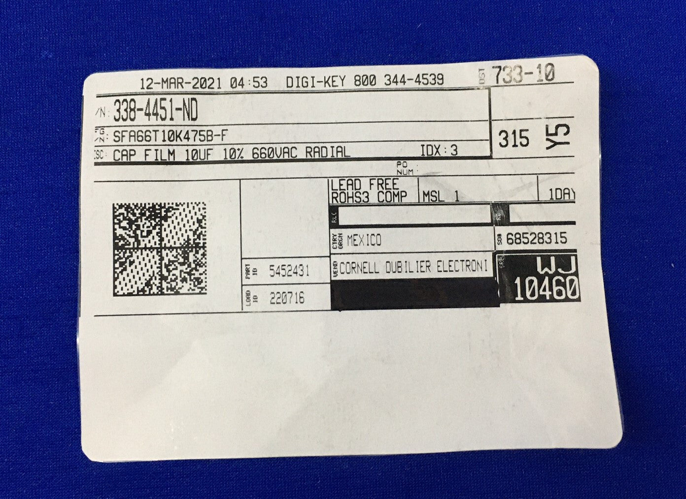 CORNELL DUBILIER ELECTRONICS CDE SFA66T10K475B-F / 338-4451-ND KONDENSATOR