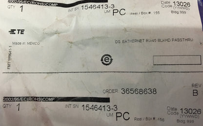 TE CONNECTIVITY RJ-45 イーサネット ブラック パススルー パススルー ジャック バルクヘッド