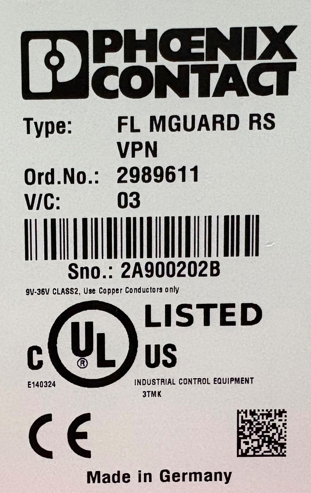 PHOENIX CONTACT FL MGUARD RSVVPN ORD.NO 2989611 ROUTER 2 PORT V/C 03