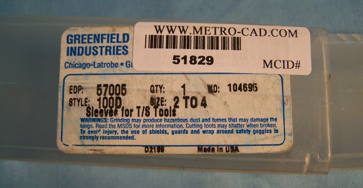 GREENFIELD INDUSTRIES EPD:57005 HÜLSE FÜR T/S-WERKZEUGE, TYP 100D, GRÖSSE 2X4 CX8 
