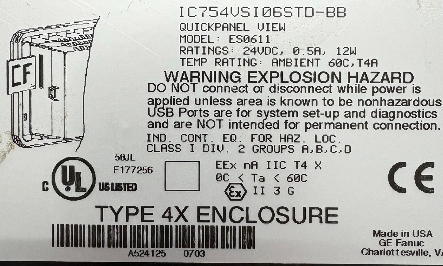 GE FANUC QUICKPANEL VIEW IC754VSI06STD-BB ES0611 24VDC OPERATOR INTERFACE PANEL