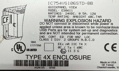 GE FANUC QUICKPANEL VIEW IC754VSI06STD-BB ES0611 24VDC OPERATOR INTERFACE PANEL