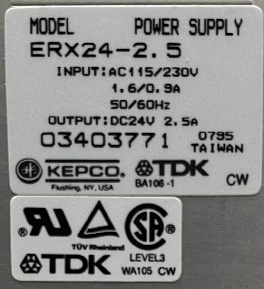 FUENTE DE ALIMENTACIÓN TDK KEPCO ERX24-2.5 ENTRADA: CA 115/230 V, 1,6/0,9 A, 50/60 HZ SALIDA: CC 24 V