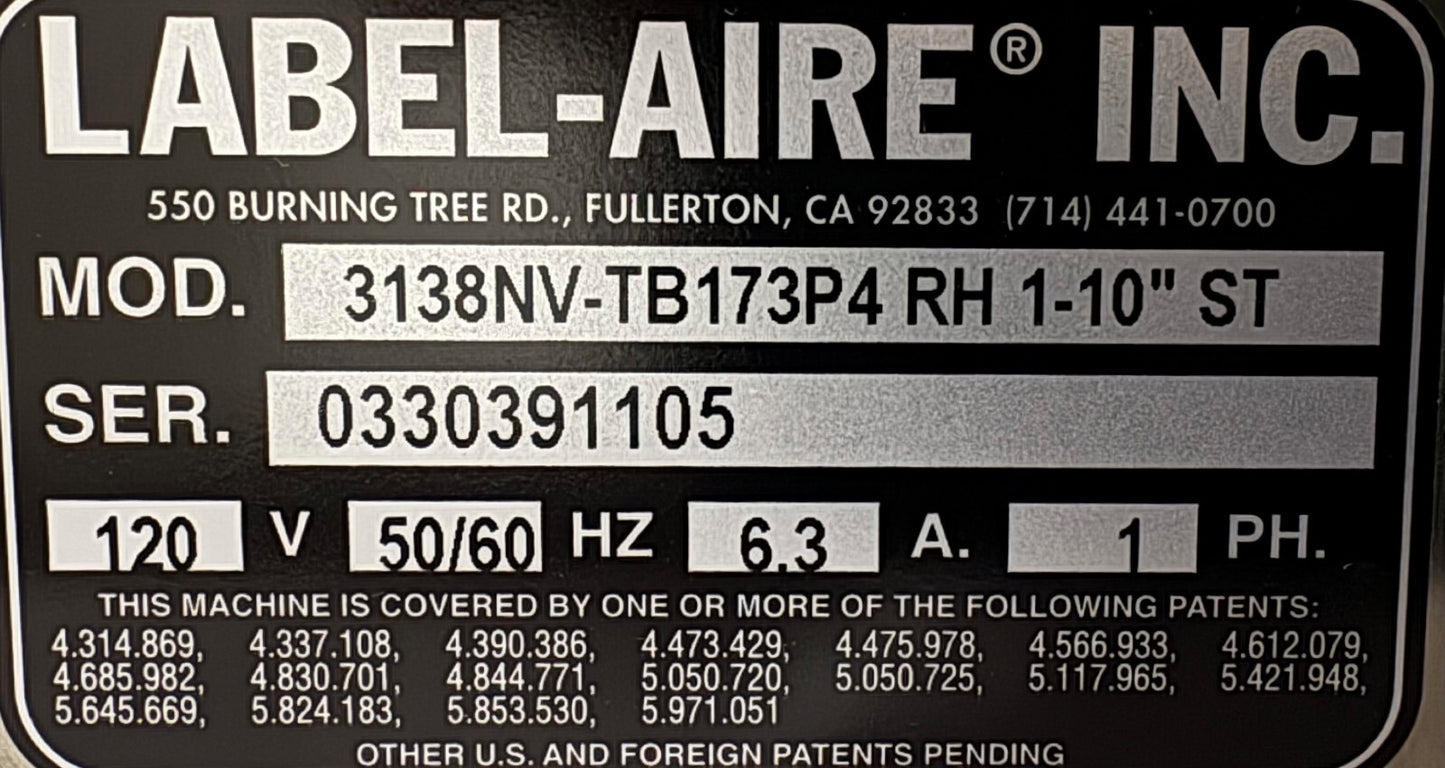 LABEL-AIRE 3138-NV PRINTER APPLICATOR 3138NV-TB173P4 RH 1-10" ST - PARTS/REPAIR