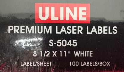 ULINE LASER LABELS S-5045 8 1/2”x11” WHITE 1 LABEL PER SHEET 100 LABELS /PER PKG