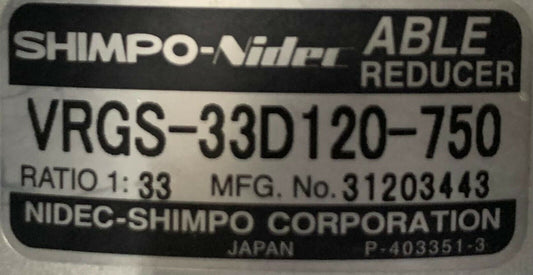 YASKAWA AC SERVO MOTOR SGMAV-08ADA21 W/ SHIMPO NIDEC REDUCER VRGS-33D120-750