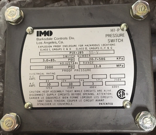 IMO DELAVAL BARKSDALE CONTROLS P1X-J85SS-V HI-P PRESSURE SWITCH