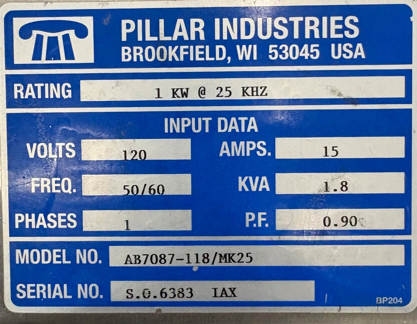 PILLAR CYCLE-DYNE MK-25 AB7087-118/MK25 120 Volt 15 AMPS PHASE 1 - PARTS/REPAIR