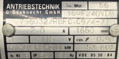 ANTRIEBSTECHNIK 7960327RBF0.0974-71 MOTEUR 1650/min 2,0A 115V 60Hz. L'ARTICLE EST UTILISÉ.