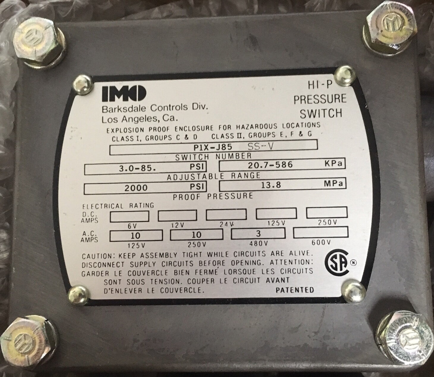 IMO DELAVAL BARKSDALE CONTROLS P1X-J85SS-V HI-P-DRUCKSCHALTER