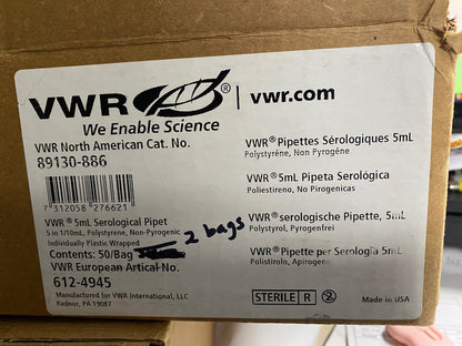 VWR 89130-886 5mL 血清ピペット - 1 箱/数量 2 袋/各 50 ピペット