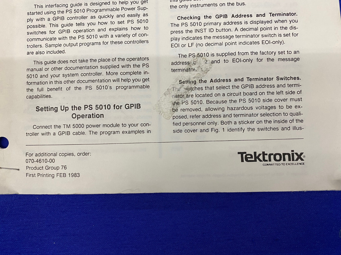 TEKTRONIX ® PS 5010 / 070-4610-00 GROUPE DE PRODUITS 76, 1983, GUIDE D'INTERFACAGE