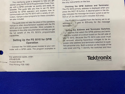 TEKTRONIX ® PS 5010 / 070-4610-00 GROUPE DE PRODUITS 76, 1983, GUIDE D'INTERFACAGE