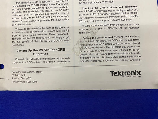TEKTRONIX ® PS 5010 / 070-4610-00 製品グループ 76、1983、インターフェイス ガイド