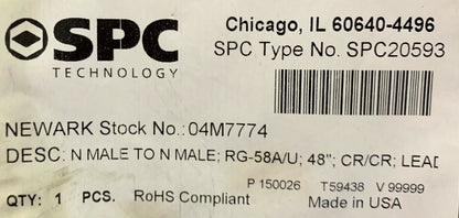 Lot of 5 - SPC Technology (Amphernol Similar) SPC20593 RG58 RG-58A/U N