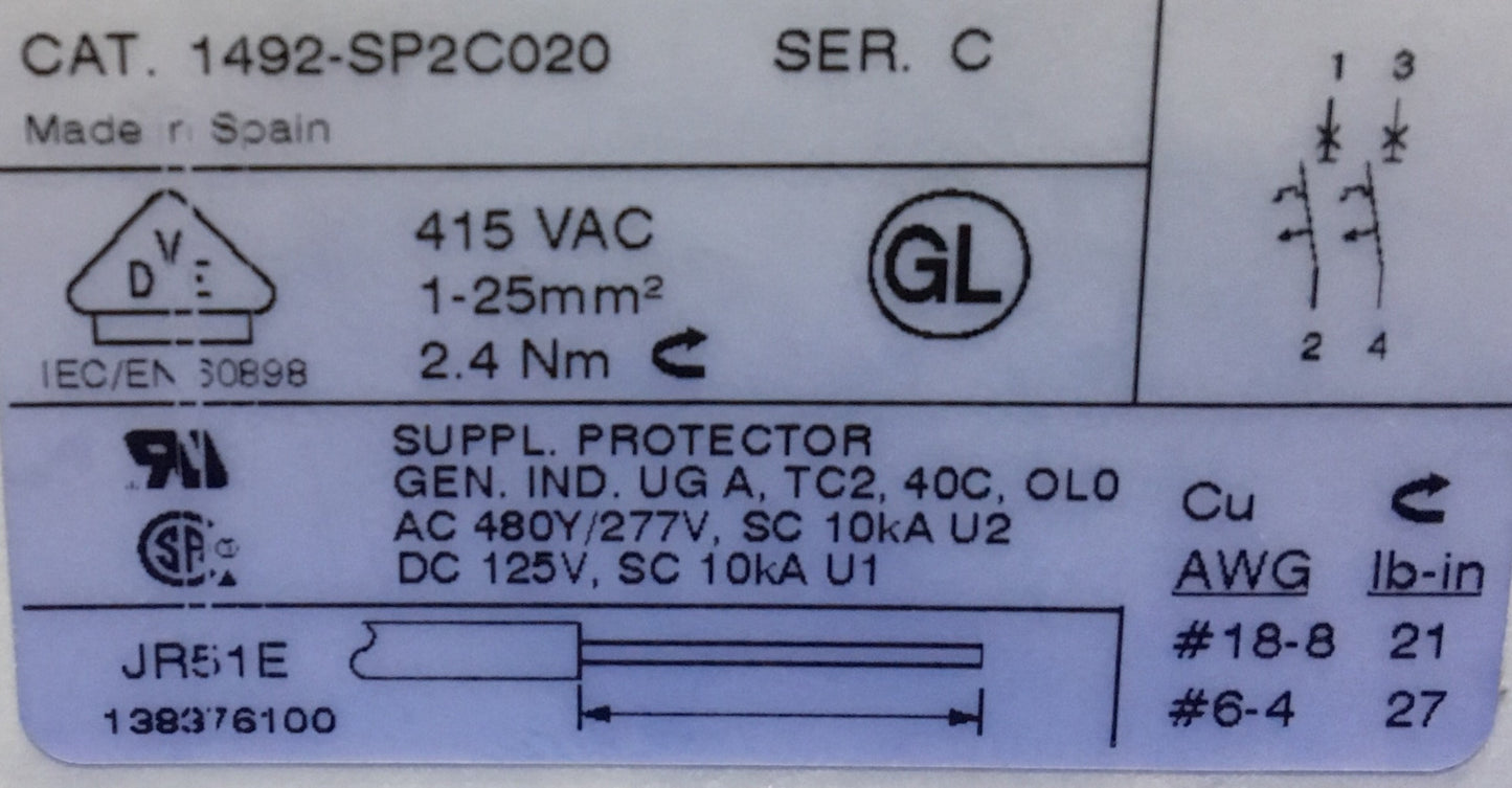CANTIDAD 2 - DISYUNTOR SERIE C 1492-SP / 1492-SP2C020 DE ALLEN-BRADLEY AB