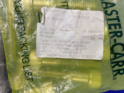 Vis à tête creuse MCMASTER-CARR 92185A722 en acier inoxydable 316, filetage 1/2"-13, 1 paquet, 10 pièces